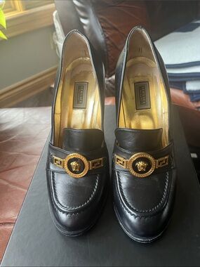 Versace Black Leather Loafers with Gold Medusa Emblem
